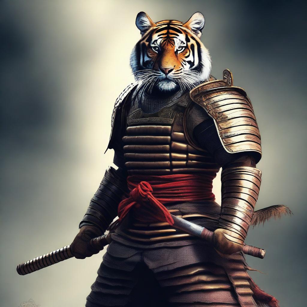 A hyper-realistic digital art image that presents a brave tiger as a samurai