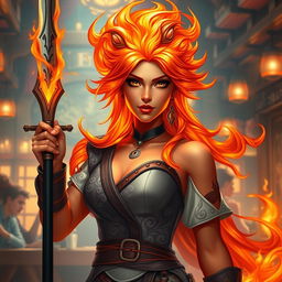A stunning female fire genasi bard, featuring striking hair that resembles flowing flames, vividly capturing the essence of her elemental nature