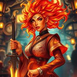 A stunning female fire genasi bard, featuring striking hair that resembles flowing flames, vividly capturing the essence of her elemental nature