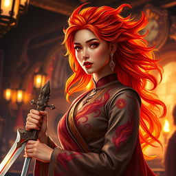 A stunning female fire genasi bard, featuring striking hair that resembles flowing flames, vividly capturing the essence of her elemental nature