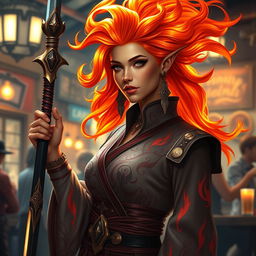 A stunning female fire genasi bard, featuring striking hair that resembles flowing flames, vividly capturing the essence of her elemental nature