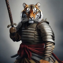 A hyper-realistic digital art image that presents a brave tiger as a samurai