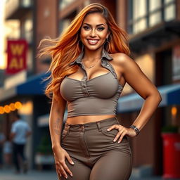 A stunning full-length portrait of a beautiful, attractive woman with wide hips and large breasts