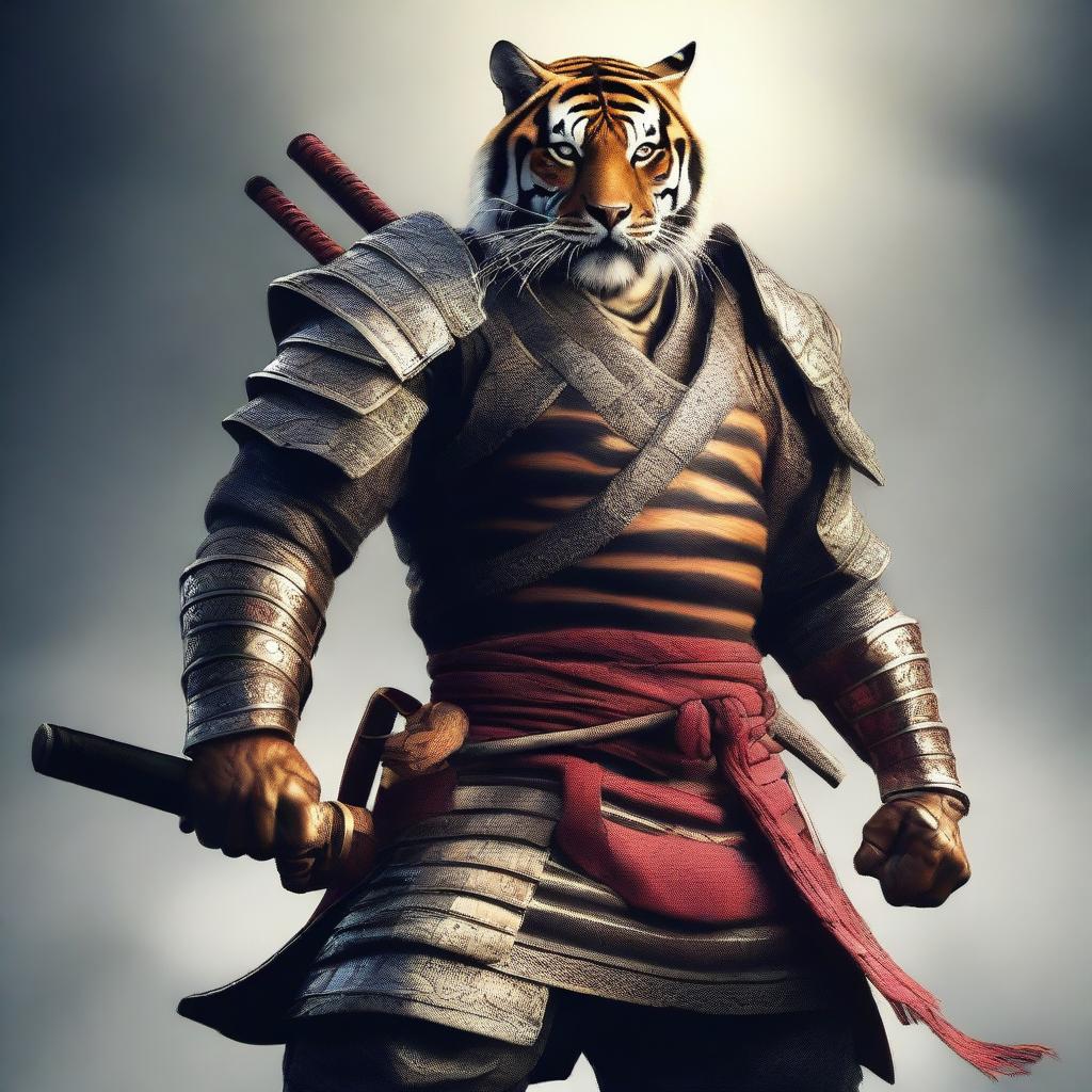 A hyper-realistic digital art image that presents a brave tiger as a samurai