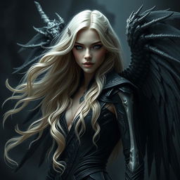 A stunning dark fantasy character, a beautiful 30-year-old cursed fallen aasimar with flowing blonde wavy hair cascading down her back