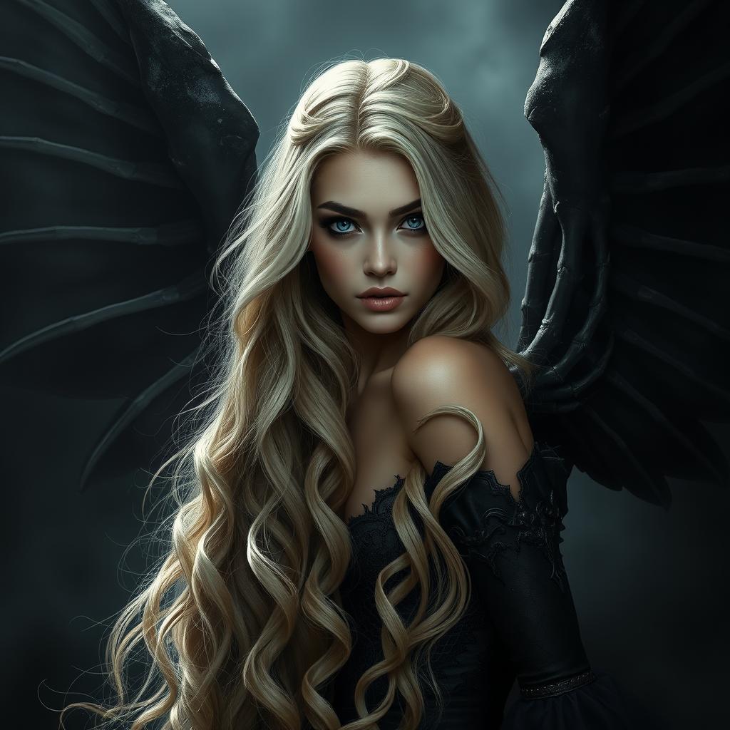 A stunning dark fantasy character, a beautiful 30-year-old cursed fallen aasimar with flowing blonde wavy hair cascading down her back