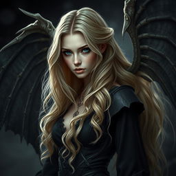 A stunning dark fantasy character, a beautiful 30-year-old cursed fallen aasimar with flowing blonde wavy hair cascading down her back