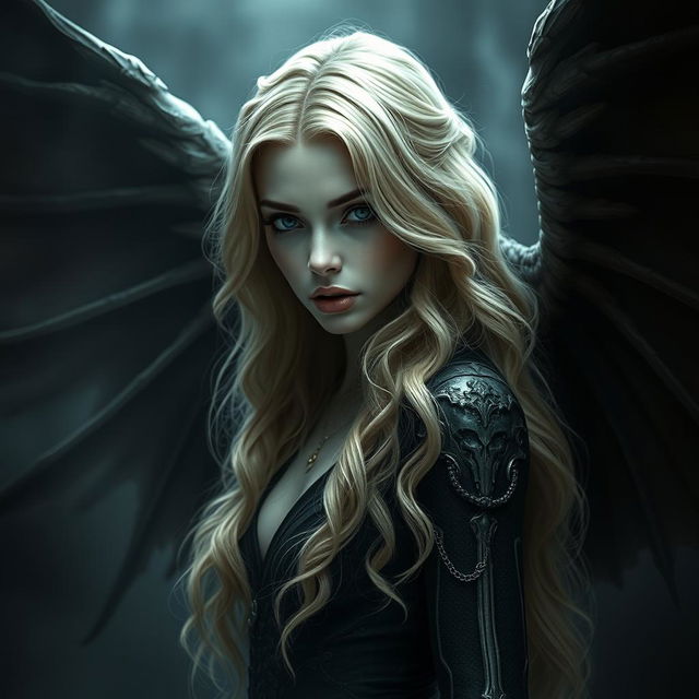 A stunning dark fantasy character, a beautiful 30-year-old cursed fallen aasimar with flowing blonde wavy hair cascading down her back