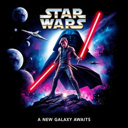 A dynamic poster design inspired by the Star Wars universe, featuring iconic elements like a starship flying through space, surrounded by planets and colorful nebulae