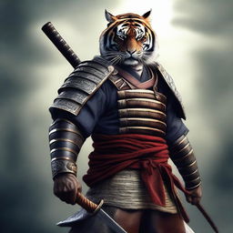 A hyper-realistic digital art image that presents a brave tiger as a samurai