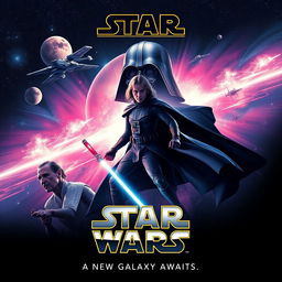 A dynamic poster design inspired by the Star Wars universe, featuring iconic elements like a starship flying through space, surrounded by planets and colorful nebulae