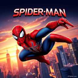 A vibrant and dynamic poster featuring Spider-Man in a powerful action pose swinging through the city skyline