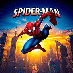 A vibrant and dynamic poster featuring Spider-Man in a powerful action pose swinging through the city skyline