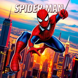 A vibrant and dynamic poster featuring Spider-Man in a powerful action pose swinging through the city skyline