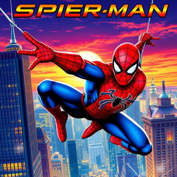 A vibrant and dynamic poster featuring Spider-Man in a powerful action pose swinging through the city skyline