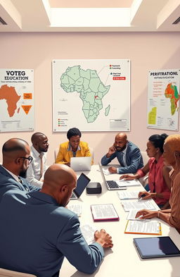 A detailed depiction of a meeting focused on Civic and Voter Education Law in Africa