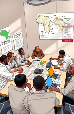 A detailed depiction of a meeting focused on Civic and Voter Education Law in Africa