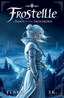 The cover for 'Frostelle: Dawn of the Frostborn' features a serene yet intense scene with a female figure facing sideways, clad in white assassin gear that gives an ethereal appearance against a dark, brooding landscape