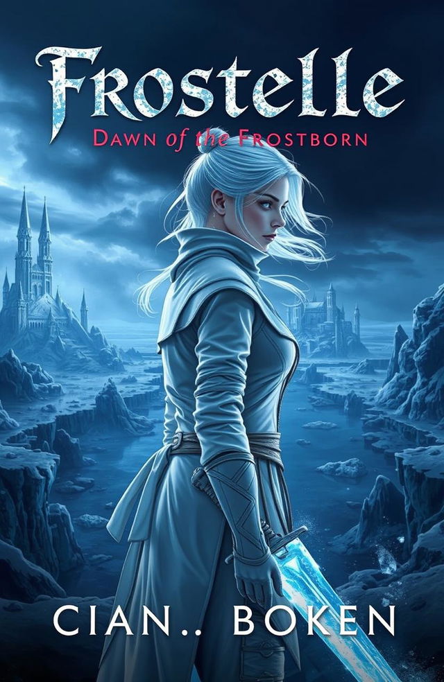 The cover for 'Frostelle: Dawn of the Frostborn' features a serene yet intense scene with a female figure facing sideways, clad in white assassin gear that gives an ethereal appearance against a dark, brooding landscape