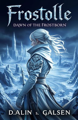 The cover for 'Frostelle: Dawn of the Frostborn' features a serene yet intense scene with a female figure facing sideways, clad in white assassin gear that gives an ethereal appearance against a dark, brooding landscape