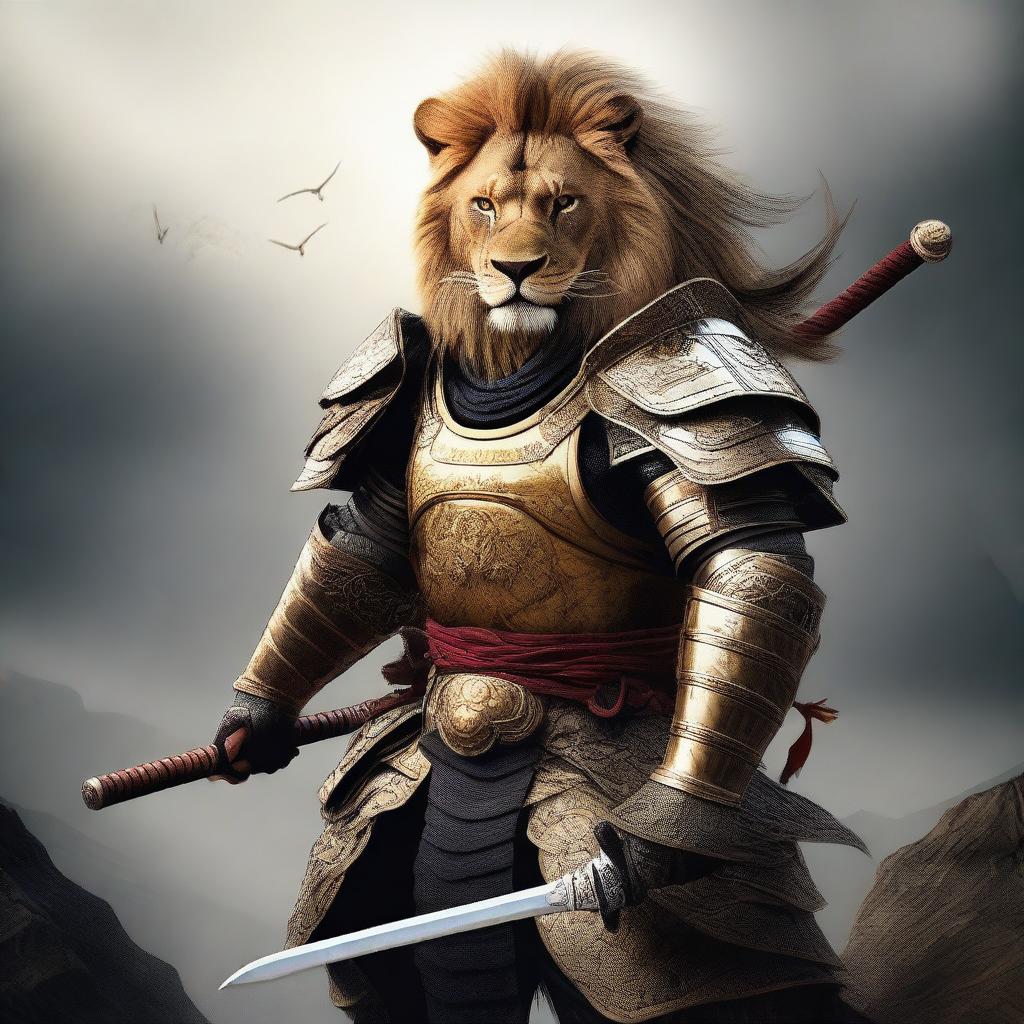 A hyper-realistic digital art image featuring a brave lion as a samurai