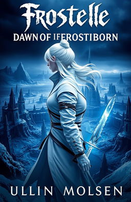 The cover for 'Frostelle: Dawn of the Frostborn' features a serene yet intense scene with a female figure facing sideways, clad in white assassin gear that gives an ethereal appearance against a dark, brooding landscape