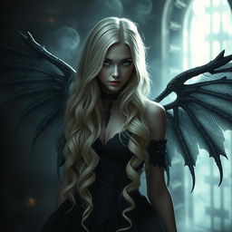 A captivating dark fantasy character, depicted as a beautiful 30-year-old gothic cursed fallen aasimar