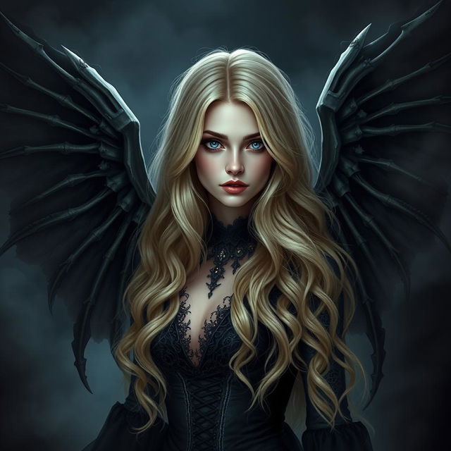 A captivating dark fantasy character, depicted as a beautiful 30-year-old gothic cursed fallen aasimar