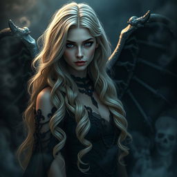 A captivating dark fantasy character, depicted as a beautiful 30-year-old gothic cursed fallen aasimar