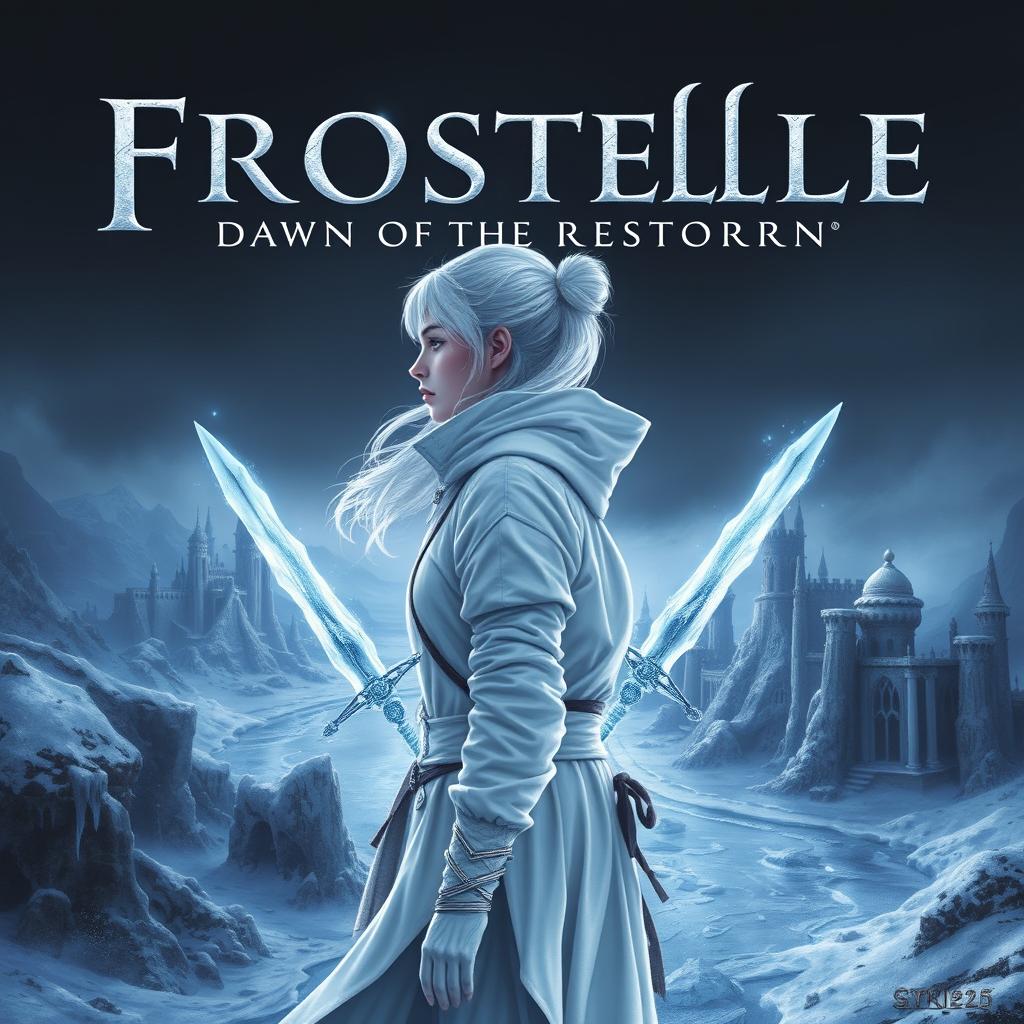 The cover for 'Frostelle: Dawn of the Frostborn' features a serene yet intense moment centered on a female figure facing sideways