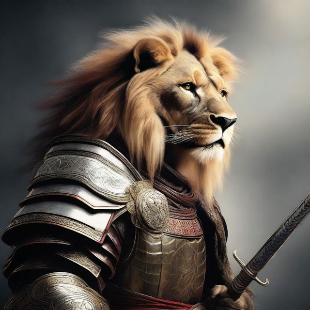 A hyper-realistic digital art image featuring a brave lion as a samurai