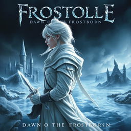 The cover for 'Frostelle: Dawn of the Frostborn' features a serene yet intense moment centered on a female figure facing sideways