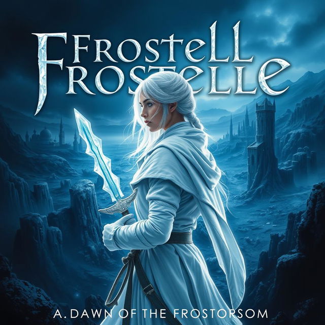 The cover for 'Frostelle: Dawn of the Frostborn' features a serene yet intense moment centered on a female figure facing sideways