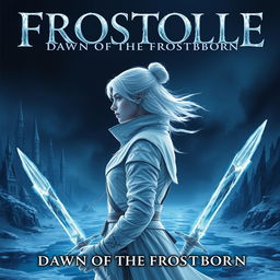 The cover for 'Frostelle: Dawn of the Frostborn' features a serene yet intense moment centered on a female figure facing sideways
