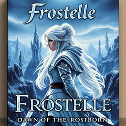 A captivating book cover for "Frostelle: Dawn of the Frostborn" featuring a 14-year-old female figure positioned sideways in an intense yet serene pose