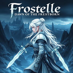 A captivating book cover for "Frostelle: Dawn of the Frostborn" featuring a 14-year-old female figure positioned sideways in an intense yet serene pose