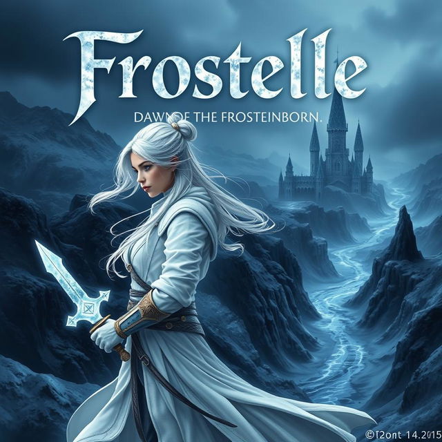 A captivating book cover for "Frostelle: Dawn of the Frostborn" featuring a 14-year-old female figure positioned sideways in an intense yet serene pose