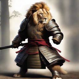 A hyper-realistic digital art image featuring a brave lion as a samurai