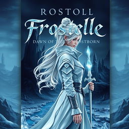 A captivating book cover for "Frostelle: Dawn of the Frostborn" featuring a 14-year-old female figure positioned sideways in an intense yet serene pose