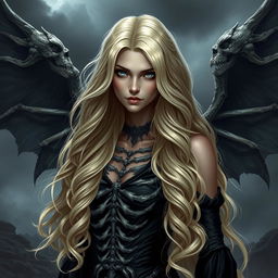 A stunning dark fantasy character, a beautiful 30-year-old gothic cursed fallen aasimar