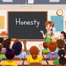 A cheerful cartoon teacher named Liza addressing a diverse classroom full of eager students