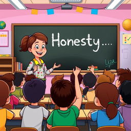 A cheerful cartoon teacher named Liza addressing a diverse classroom full of eager students