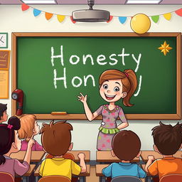 A cheerful cartoon teacher named Liza addressing a diverse classroom full of eager students