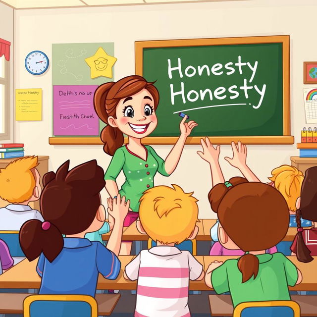 A cheerful cartoon teacher named Liza addressing a diverse classroom full of eager students