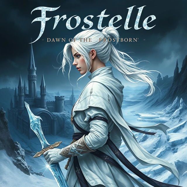 A captivating book cover for "Frostelle: Dawn of the Frostborn" featuring a 14-year-old female figure positioned sideways, embodying a serene intensity