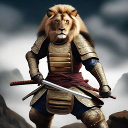 A hyper-realistic digital art image featuring a brave lion as a samurai