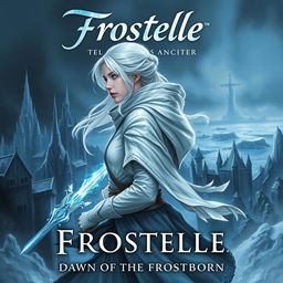 A captivating book cover for "Frostelle: Dawn of the Frostborn" featuring a 14-year-old female figure positioned sideways, embodying a serene intensity