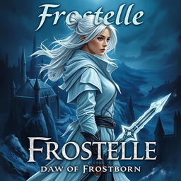 A captivating book cover for "Frostelle: Dawn of the Frostborn" featuring a 14-year-old female figure positioned sideways, embodying a serene intensity