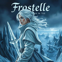 A captivating book cover for "Frostelle: Dawn of the Frostborn" featuring a 14-year-old female figure positioned sideways, embodying a serene intensity