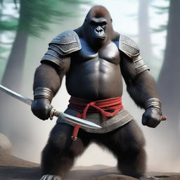 A hyper-realistic digital art image showcasing a brave gorilla as a samurai